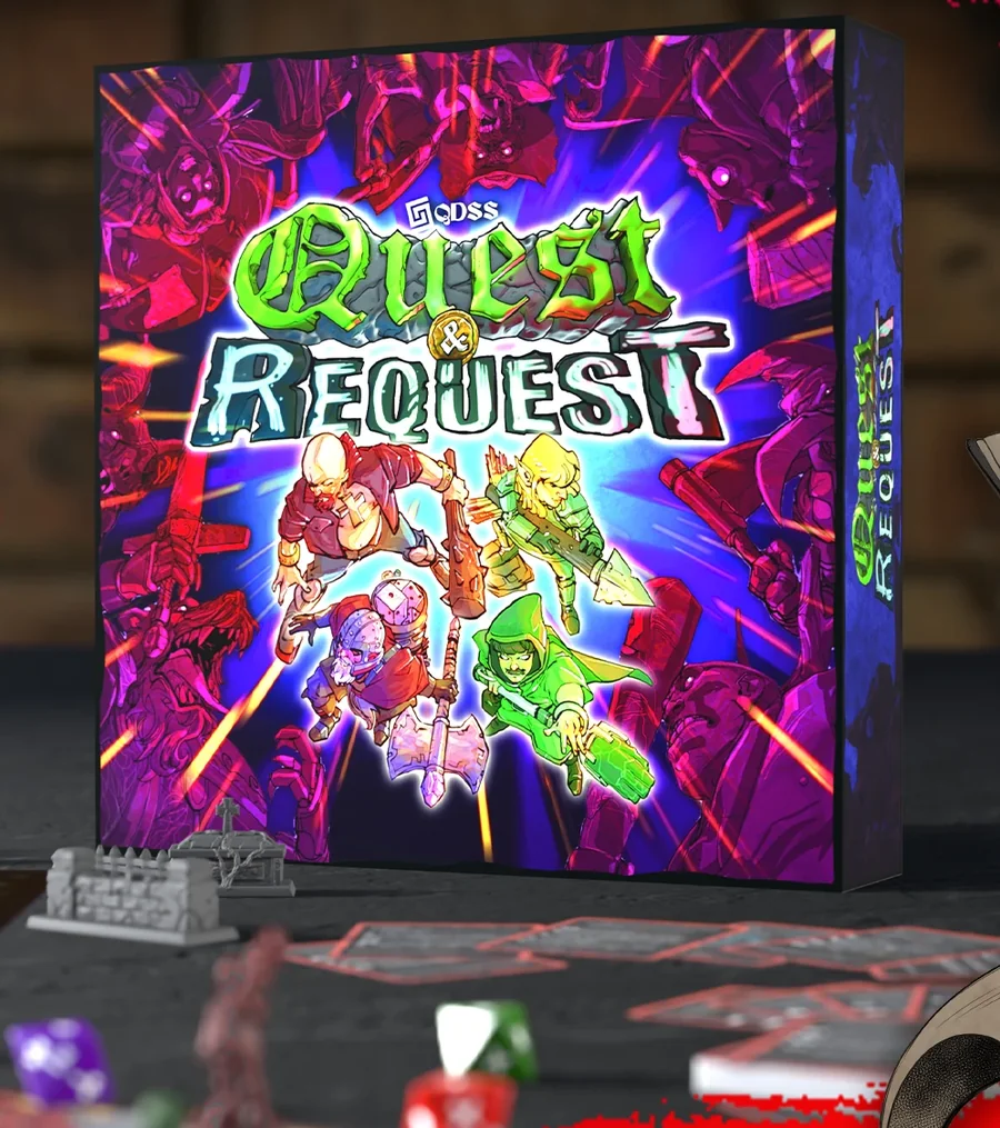 La scatola di Quest & Request sul tavolo da gioco