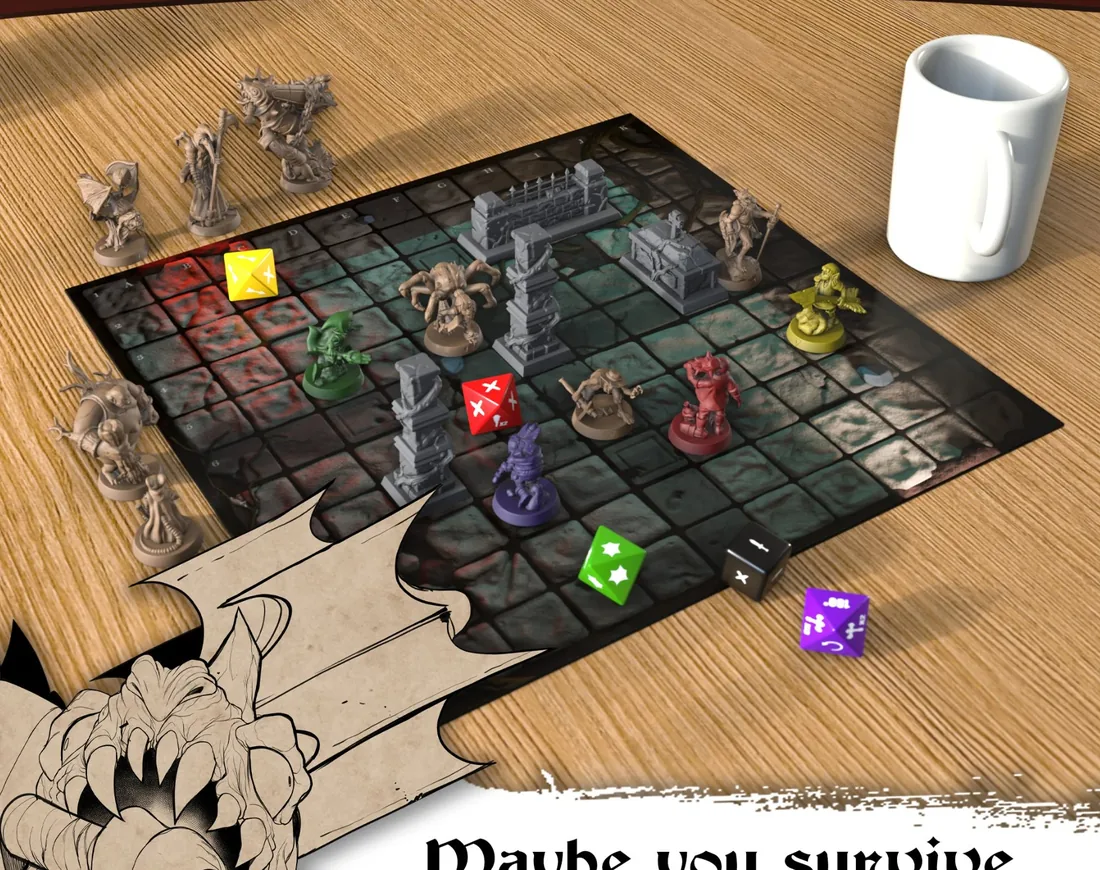 L'Arena di Battaglia di Quest & Request con miniature colorate e dadi
