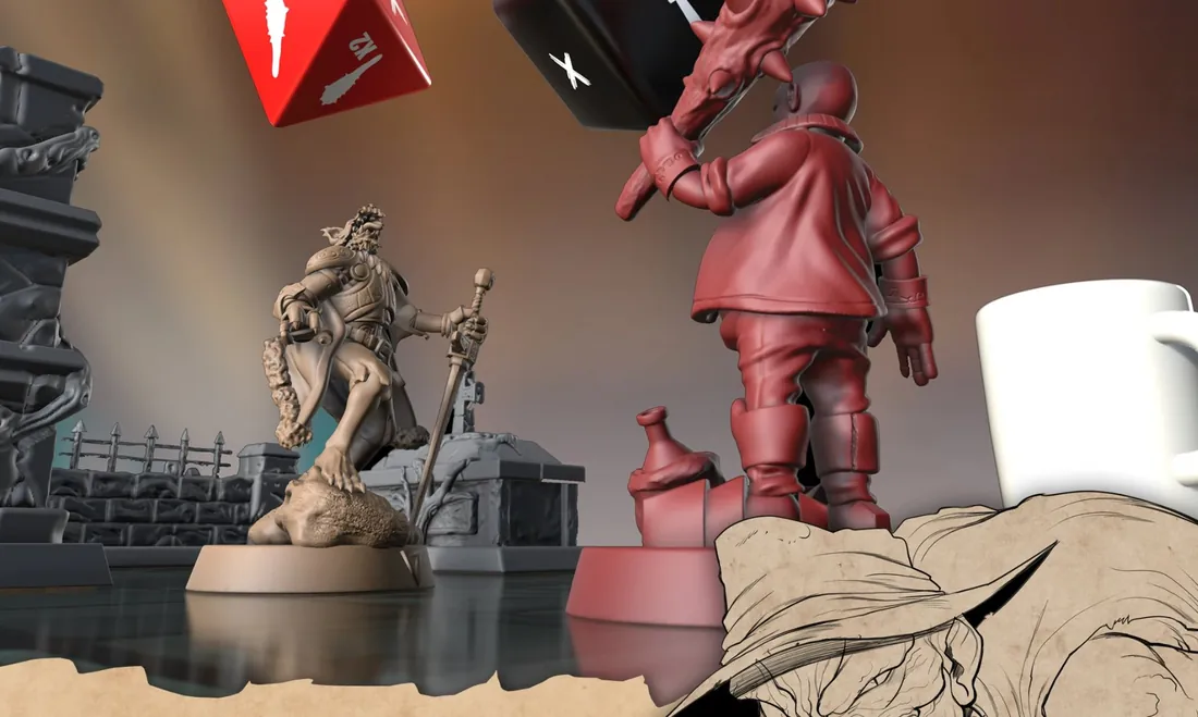 Level up in Quest & Request: una miniatura solleva un dado gigante
